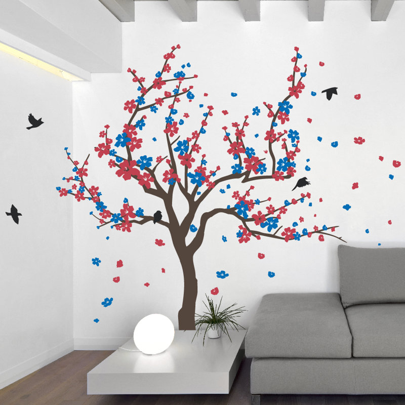 Adhésif décoratif cerisier japonais, Brun / rouge / bleu, H 38 x l 59 po x P 0,01 po