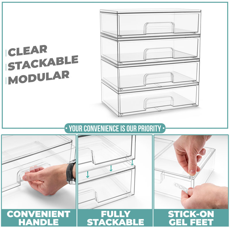 Sorbus Acrylic Storage Containers with Pull-Out Drawers - 4 Pack, 12.1" Wide Clear Stackable Storage Bins Set for Bathroom Organization