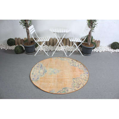 Vintage Round Turkish Anatolian Rug in Warm Orange for Accent or Bedroom Decor