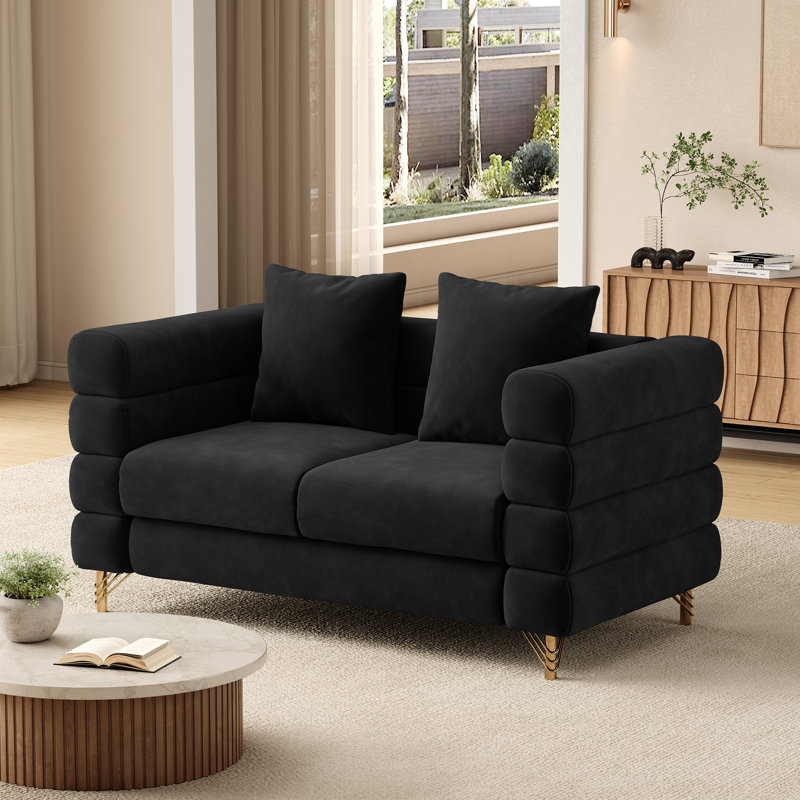 58" Modern Loveseat with Gold Metal Legs, Black Velvet