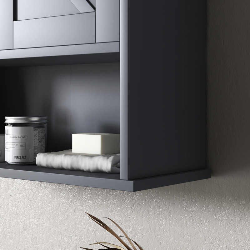 Salle de bain murale grise avec tablettes de rangement tactiles et réglables pour une organisation simplifiée