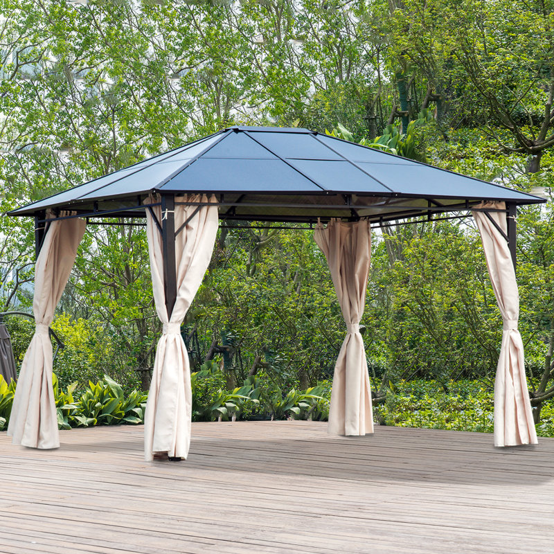 Natural Wood and Steel Hardtop Gazebo with Curtains