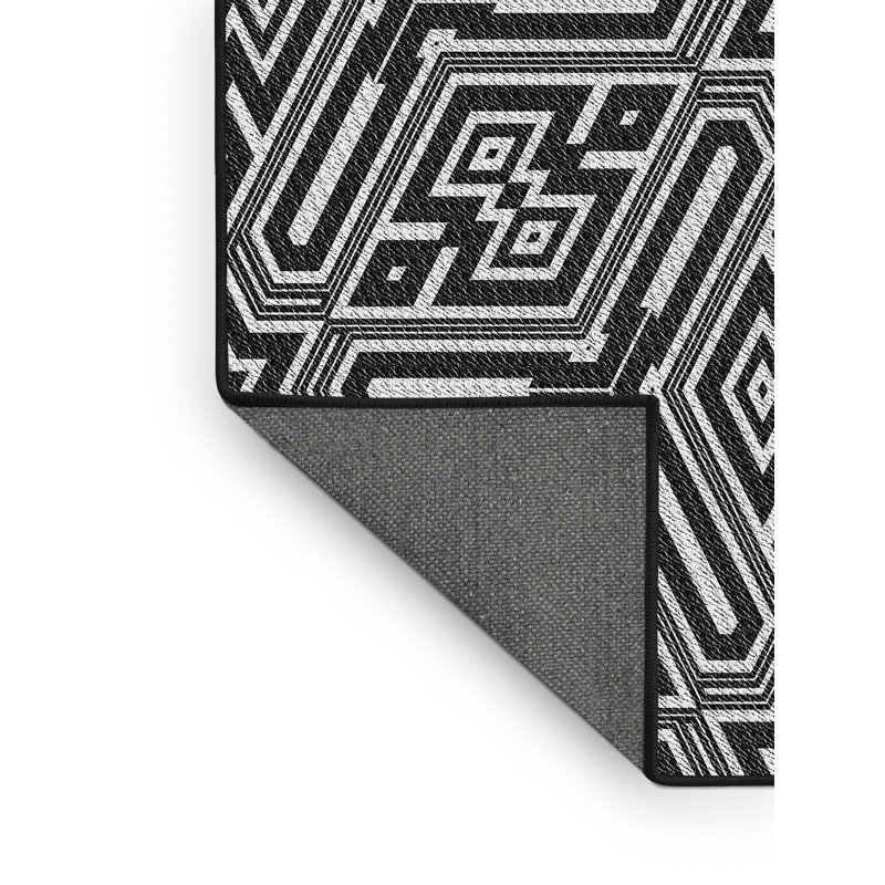Tapis géométrique noir et blanc en laine et polyester tissé à la machine, Tapis de couloir 2 pi x 5 pi