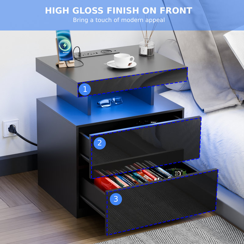 Brenard Manufactured Wood Nightstand with Wireless Charging Station, LED Light and 2 Drawers, Black