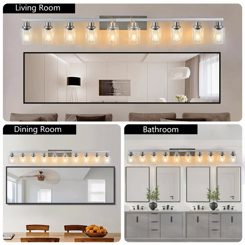 Luminaire à 10 lumières pour salle de bain, luminaire de meuble-lavabo pour salle de bain avec verre transparent, matériau en métal au fini nickel brossé pour luminaires de salle de bain à placer au-dessus d'un miroir, grands luminaires de meuble-lavabo