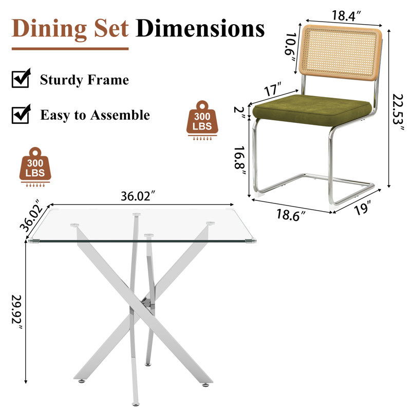 36" Square Glass Dining Set For 2, Cross-Leg Stainless Steel Base, Featuring 2 Cantilever Rattan Chairs In Mid-Century Modern Style