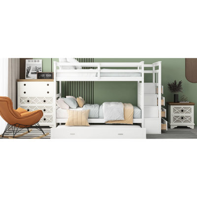 White Twin Over Bunk Bed With Trundle And Construction Quality - Create A Comfortable Bedroom Setting Solid Wood Elegant Look Decorate Gracefully In