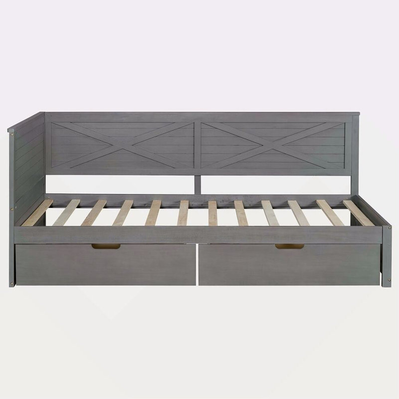 Lit de jour en bois avec 2 tiroirs et garde-corps rustique Kitzie, Gris