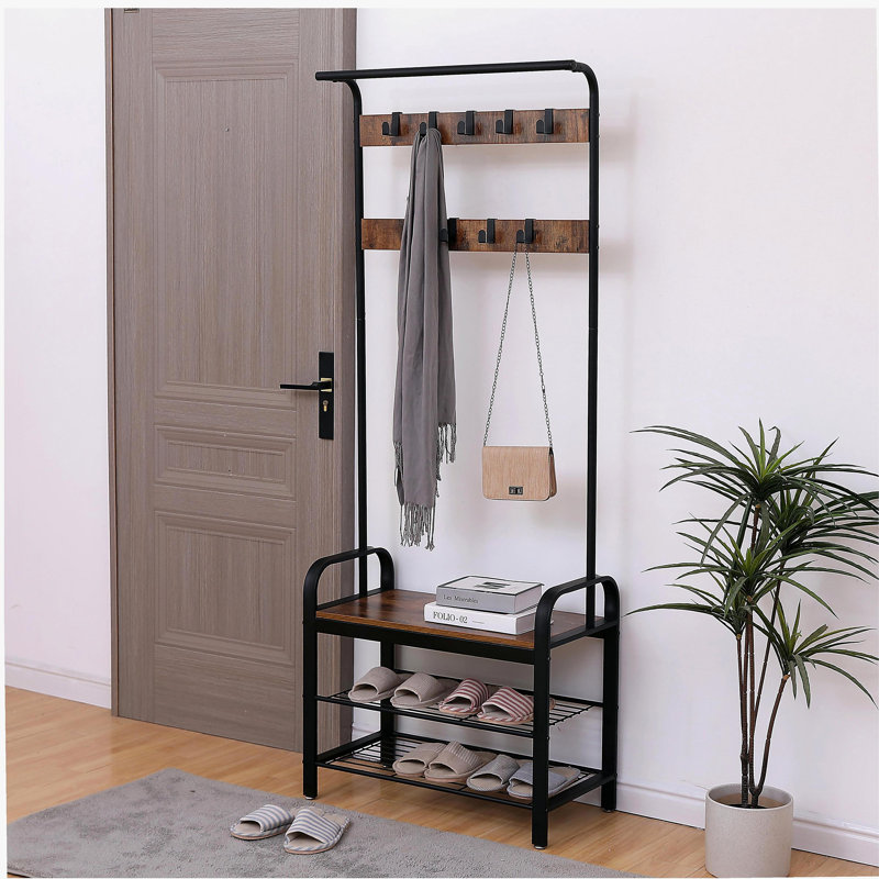 Portemanteau, portemanteau avec banc à chaussures pour l'entrée, banc d'entrée avec portemanteau, 4 en 1, avec 9 crochets amovibles, une tringle suspendue, brun rustique et noir 15 po x 28 po x 71 po