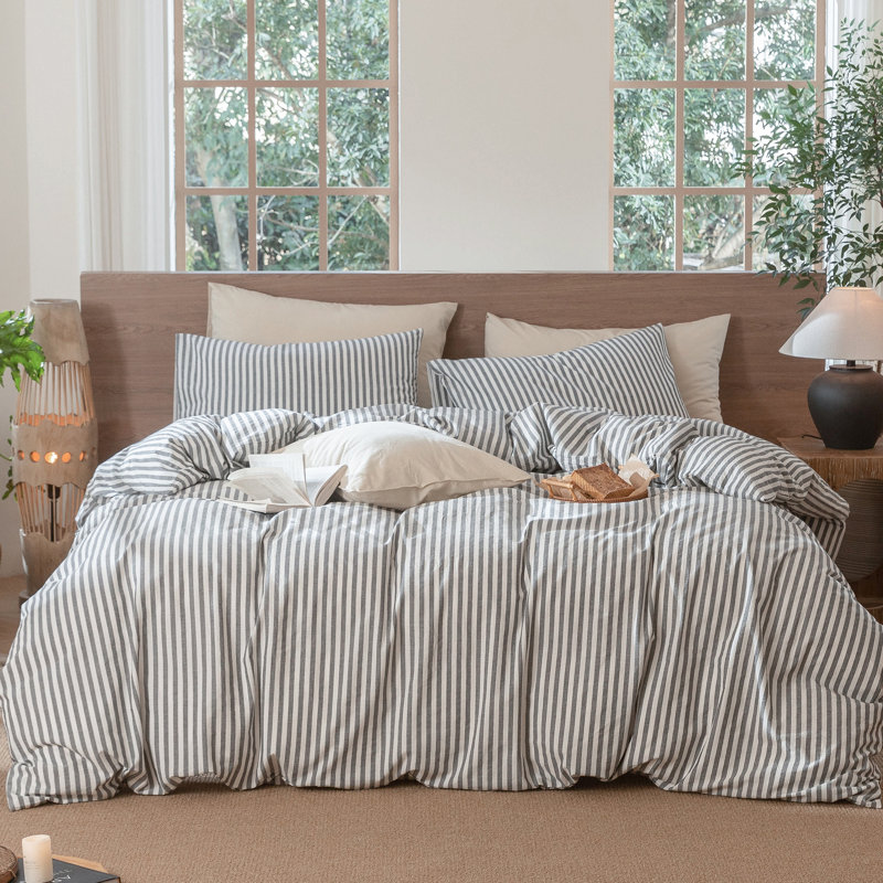 Ensemble de housse de couette à rayures 100% coton lavé MooMee, Rayures classiques - gris foncé / blanc
