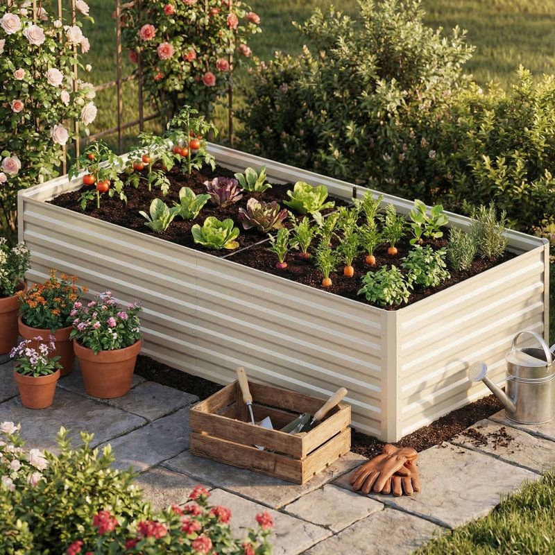 Galvanized Raised Garden Bed With Gloves, Cream, 24" H x 72" W x 36" D