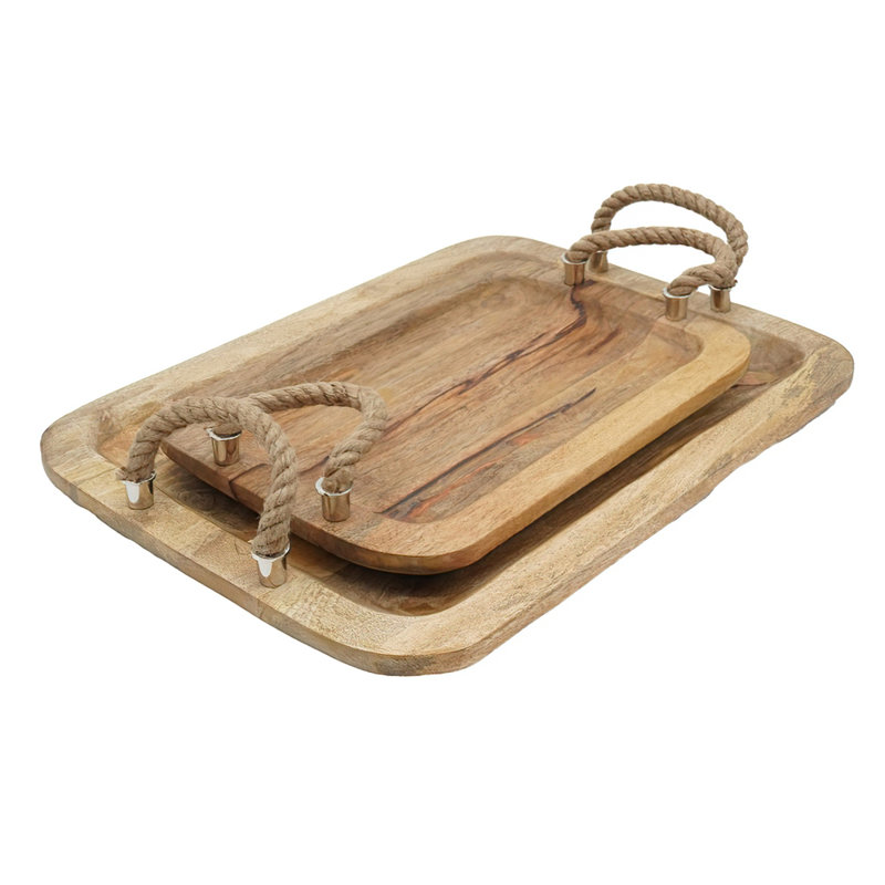 Ensemble de plateaux décoratifs faits à la main en bois brun avec poignées en jute (ensemble de 2)