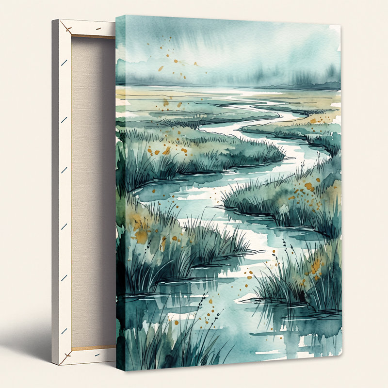 «Winding Teal Marsh Stream» avec toile haute herbe et pois dorés, 48"H x 32"W