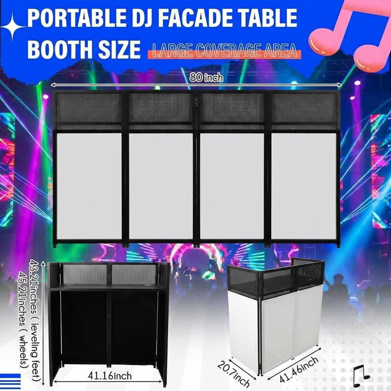 Portable DJ Booth Table Station – Collapsible Black Metal Frame, Adjustable Facade Feet, Black & White Lighting Scrims, Easy Assembly – Size: 40 * 45.3in