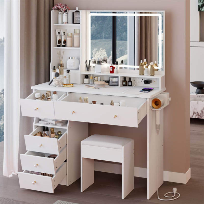41" Large Size Left Drawer Desktop Vanity Table+Cushioned Stool Dresser Set, 2 AC+2 USB Power Station, Hair Dryer Stand, Extra Large Touch Control LED Mirror, 3-Color Switch, EPA, GCC, UL Certificate