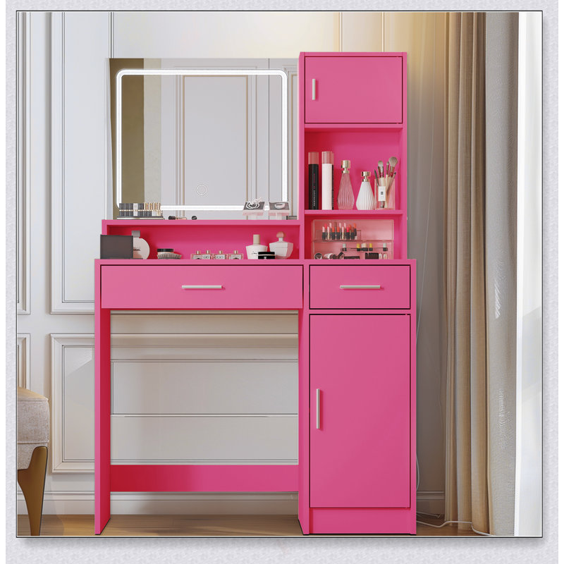 Elegant Vanity Desk With LED Light Strip, Adjustable Brightness, And Spacious Storage For Modern Bedrooms, Pink