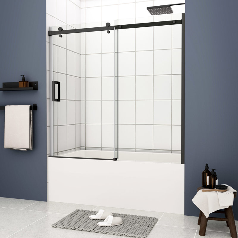 Porte coulissante de baignoire noire matte, verre trempé transparent de 5/16 po, porte de douche de qualité supérieure pour baignoire, caractéristique d'entretien facile