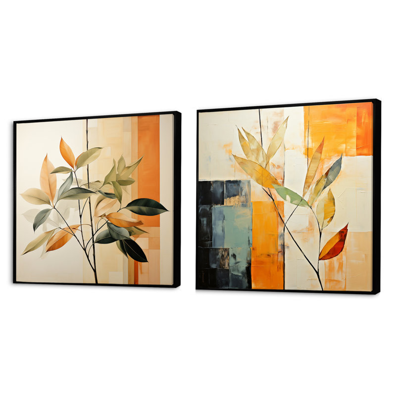 Collage abstrait de feuilles d'abricot - Ensemble de 2 feuilles de collage carré, Cadre flottant noir, H 16 po x l 33 po