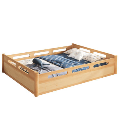 Low Profile Floor Platform Bed For Queen, Built - In Guardrails, Natural Wood, Smooth Finish Scandinavian Look Bedrooms Surrounding And Pine Clean Lines Modern Aesthetic