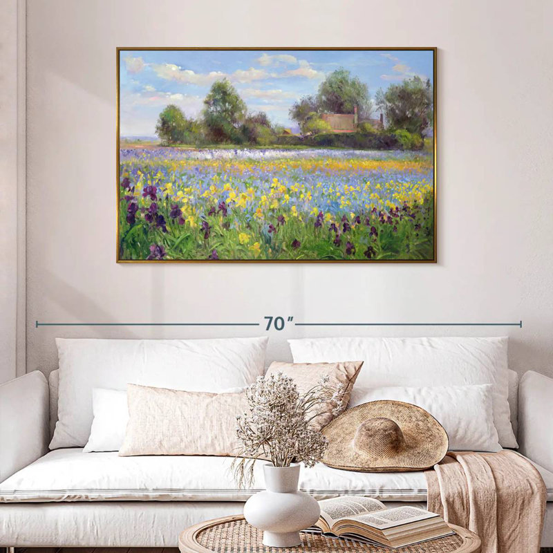 Ferme et champ d'iris, 46 po x 31 po, Cadre flottant doré