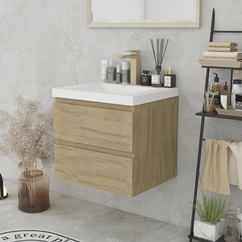 Meuble-lavabo pour la salle de bain à fixation murale, Chêne