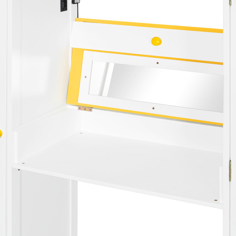 Lit mezzanine double avec escalier de rangement et sous-lit multi-zones, blanc et jaune. Escalier réglable, miroir intégré, chargement pour tablettes, tablettes latérales ouvertes, configuration de la commode