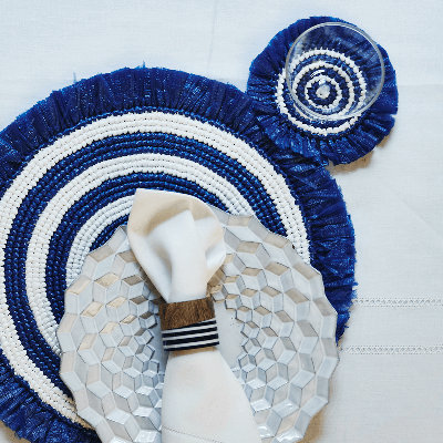 Woven Fringe Coasters - Navy & White