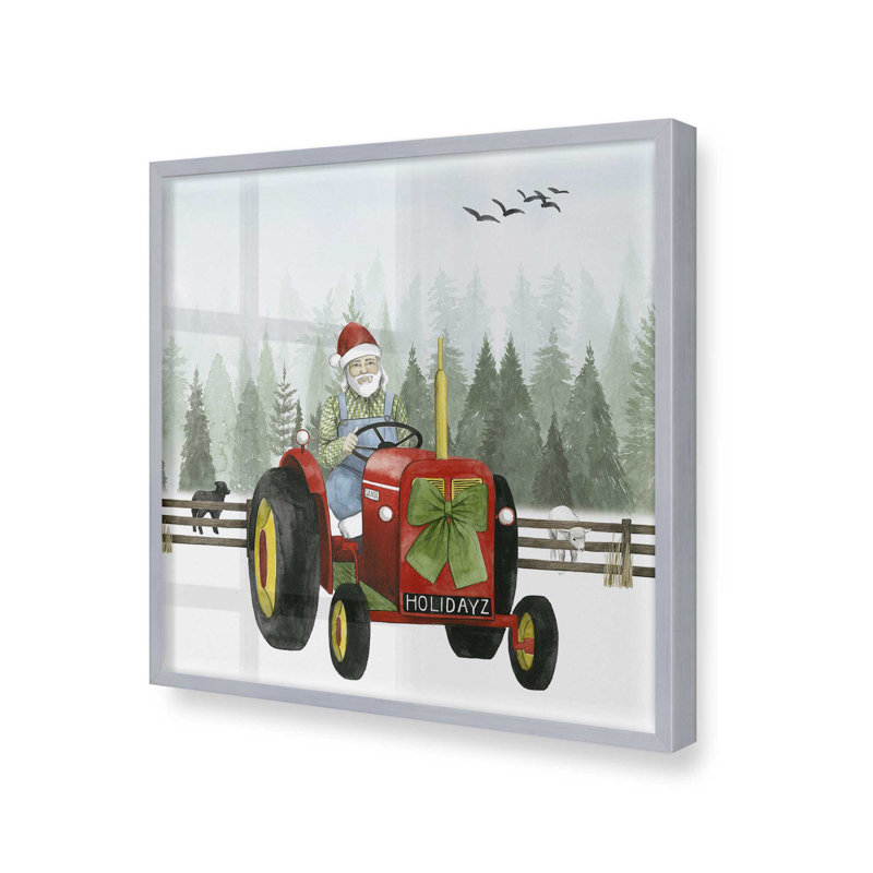 «Santa's Christmas Tractor Ride I Print», Cadre simple en chrome poli, bois massif, H 17,75 po x l 17,75 po