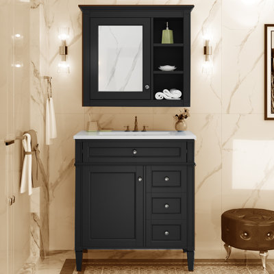 Meuble-lavabo noir 30 po avec lavabo supérieur intégré - armoire de rangement moderne élégante avec 2 tiroirs, tiroir coulissant et armoire à miroir