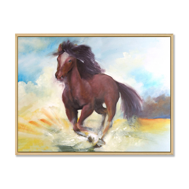 Cheval brun galopant - peinture sur toile, H 12 po x l 20 po, Cadre flottant en érable