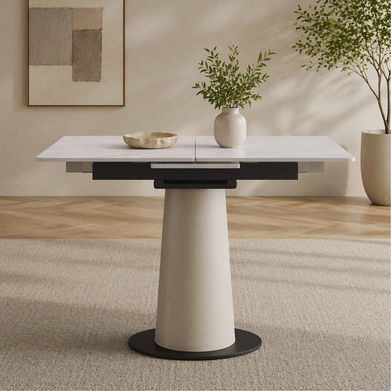 Table de salle à manger rétractable à dalle de roche pliante, table carrée extensible moderne avec base en acier inoxydable revêtue de cuir, table de cuisine à double usage pour les petits appartements