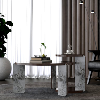 Modern Coffee Table With End Table Set, Durable Walnut Veneered MDF 83Cm Diameter Center Table With A 43Cm Diameter Side Table For Living Room, Study Room, Strong And Stable Sintered Stone Legs/Base
