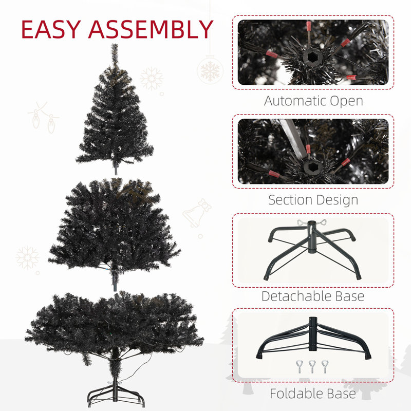 Grand arbre de Noël 6 pi avec branches de sapin Douglas réalistes, 250 lumières DEL blanc chaud et 1000 pointes, base noire
