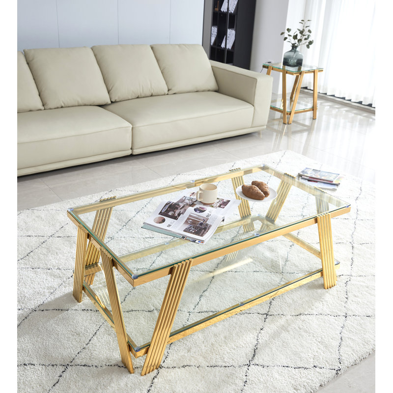 Ensemble de tables basses modernes en acier inoxydable (ensemble de 2), plateau de table en verre trempé transparent double couche, table basse et table d'appoint 2 pièces pour le bureau à domicile