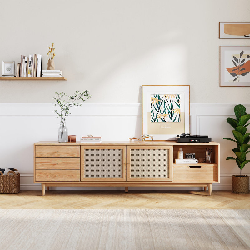 78'' Full Solid Wood TV Stand with Rattan Doors Media Console for TVs up to 85''