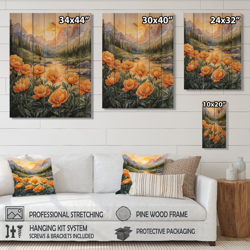Été pivoines et le lever du soleil IV - Art mural en bois pivoines - sur bois de pin naturel, H 20 po x l 10 po x P 0,78 po