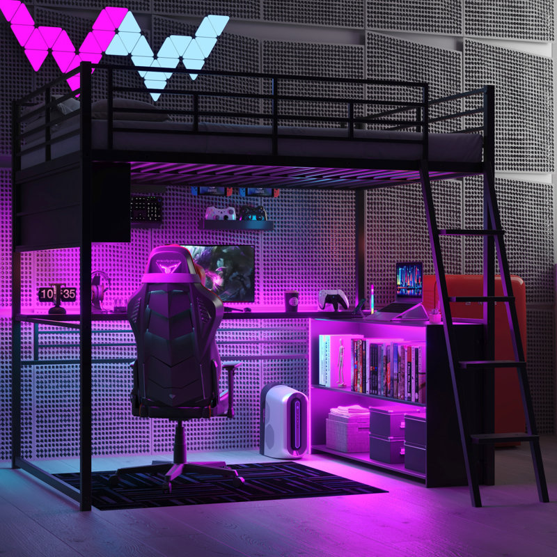 Lit mezzanine double en métal avec bande à DEL, bureau et rangement - Bureau éclairé en noir 4 zones pour l'organisation