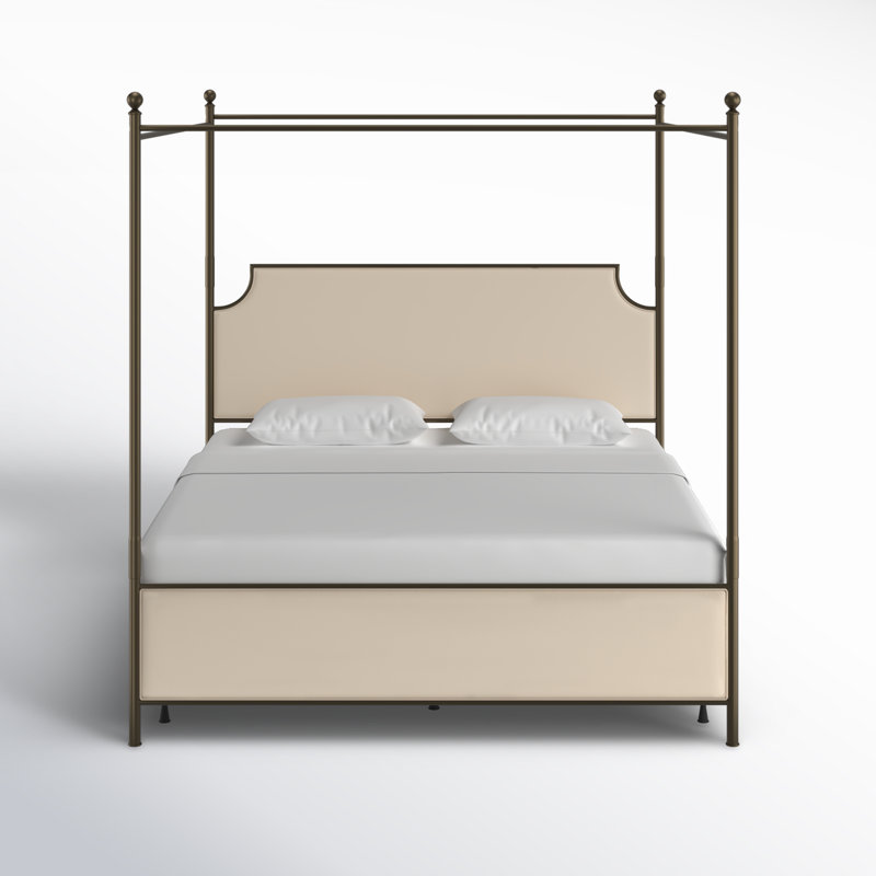 Olague Low Profile Canopy Bed, Queen, Oiled Bronze/Linen Stone