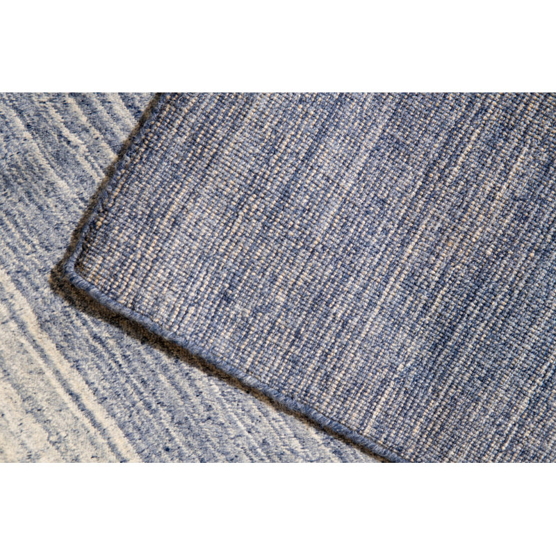 8x10 Blue Hand-Knotted Wool Subtle Ombre Stripes Modernist Contemporary Carpet Rug