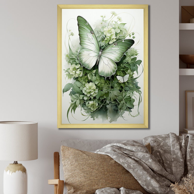 «Green Butterfly Whirling Beauty», art sur toile papillon, H 44 po x l 34 po x P 1,5 po, Cadre doré simple