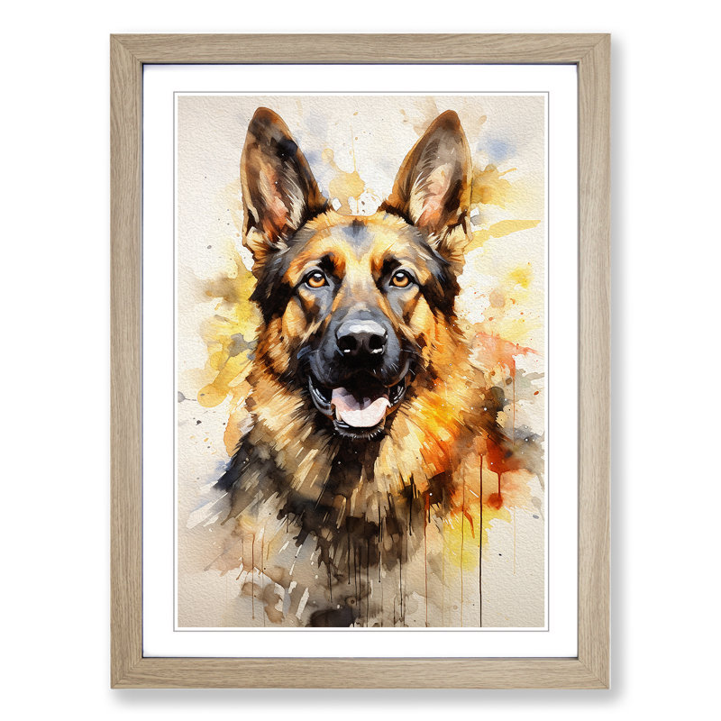 German Shepherd Modern - Single Picture Frame Print on Wood, Oak, 34cm H x 25cm W x 2cm D