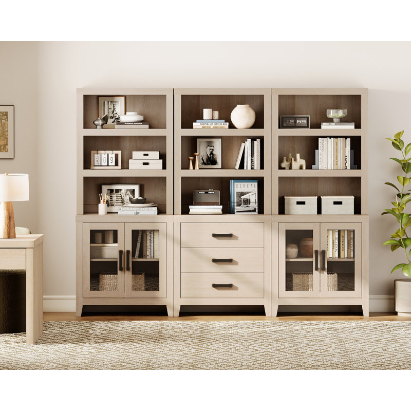 74" Tall  Bookshelf With Glass Doors And Drawers, Farmhouse Bookcase With Adjustable Shelves, Versatile Hutch Cabinet For Living Room, Home Office, Library, Beige