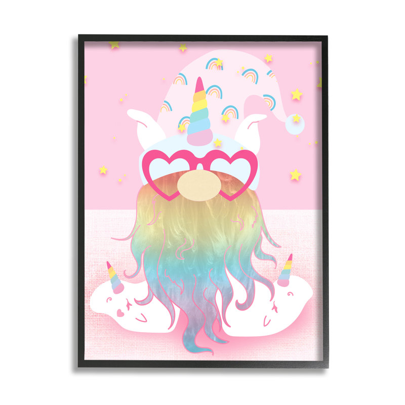 «Fun Unicorn Gnome Pink Rainbow» par Lil 'Rue - impression, Giclée encadrée noir minuit, H 20 po x l 16 po x P 1,5 po