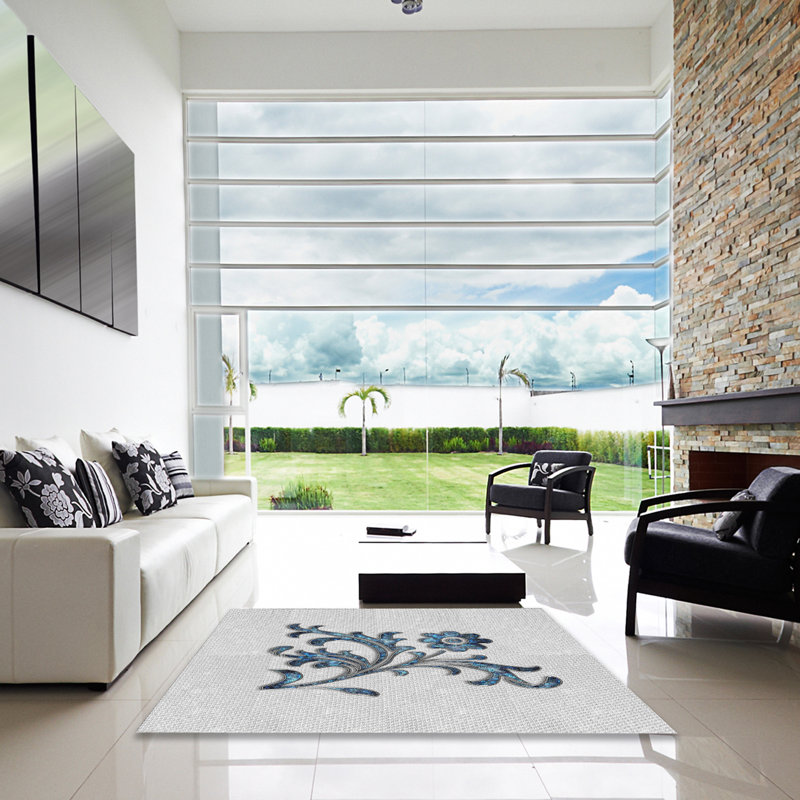 Tapis gris/noir/bleu à motifs, Carré 8 pi