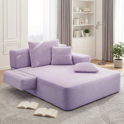 Oversized Corduroy Convertible Sofa Bed, 2‑in‑1 Chaise Lounge with Spring Cushion, Wide Armrests & Side Storage Pocket, No Assembly, Purple