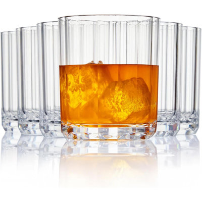 Faceted Clear Plastic Reusable Drinking Glasses (Set Of 6) 14Oz Rocks Cups | BPA-Free Tumblers, | Top-Rack Dishwasher Safe