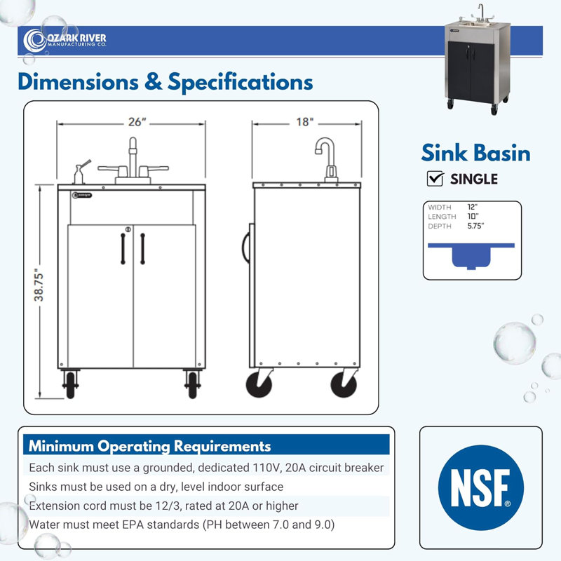 Ozark River Portable Sinks Elite Series LS1, White Doors-Black Edges, NSF Certified Hot Water Food Service Handwashing Sink, Portable Hot Water Hand Washing Station with Tanks & Wheels
