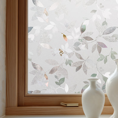 Window Privacy Film Decorative For Front Door, Bathroom Static Cling Stained Glass Sticker Opaque Heat Control Uv Blocking Non-Adhesive For Home Windows, Magnolia17.5 X 78.7 Inches