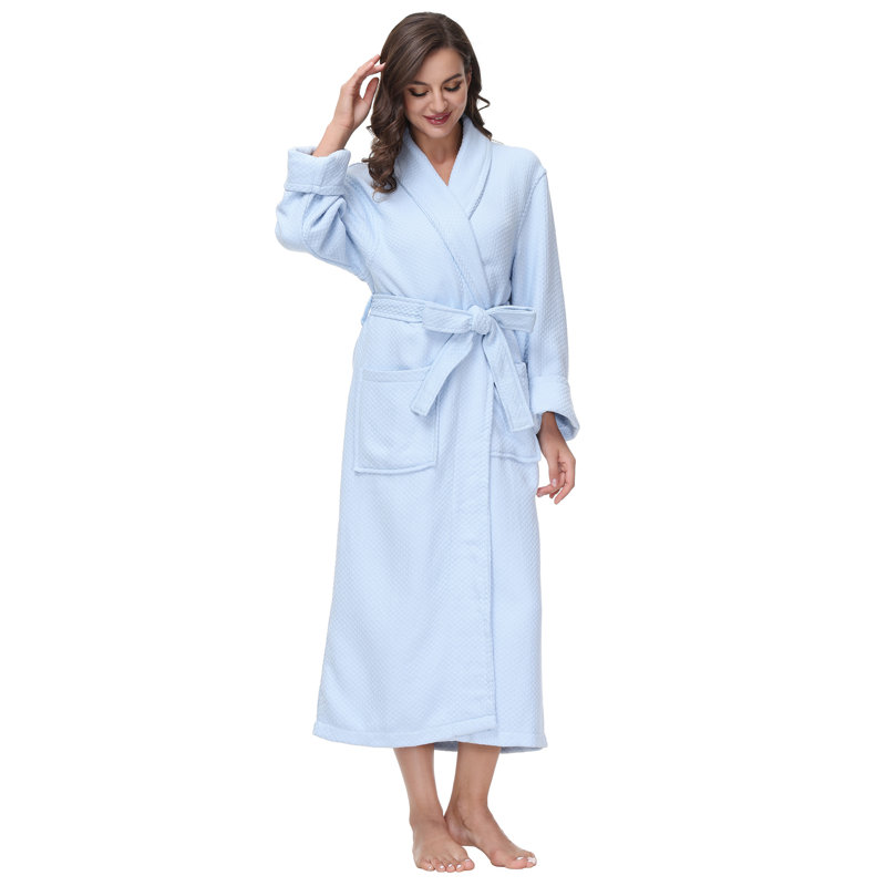 Blue Cotton Waffle Knit Ankle-Length Bathrobe