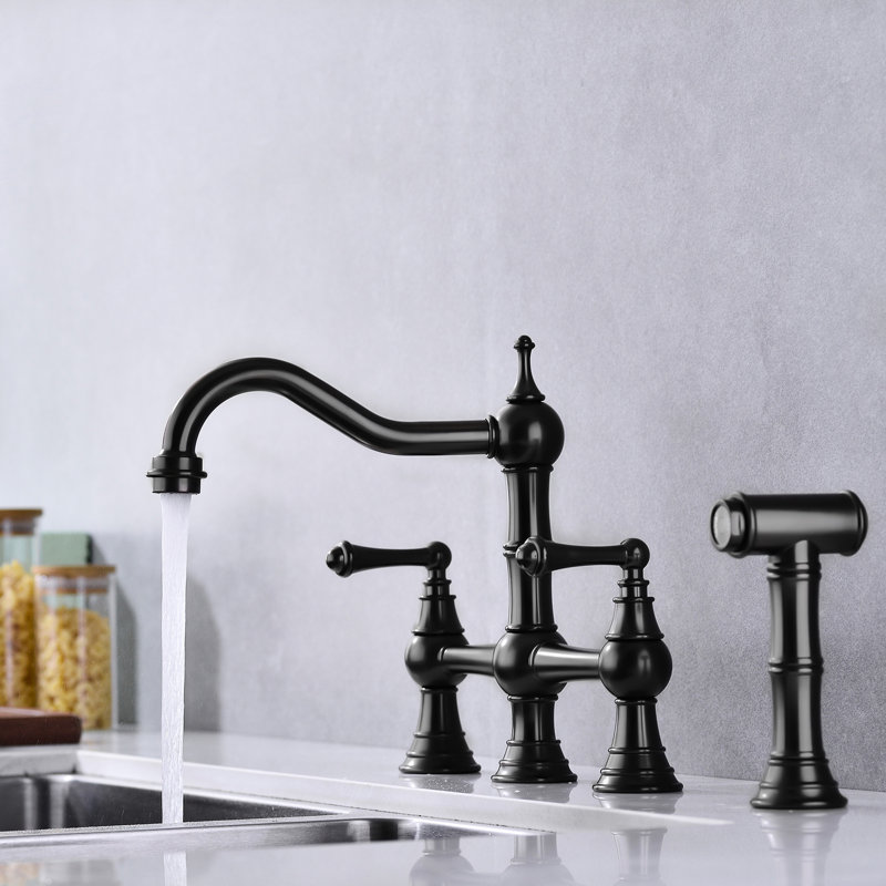 Matte Black Bridge Kitchen Faucet, Dual Handles With Pull-Out Spray, Brass, Corrosion, Leak-, 360-Degree Rotating Unwavering Nozzle Faucet In Black, Side Rust, , 360 Flexible